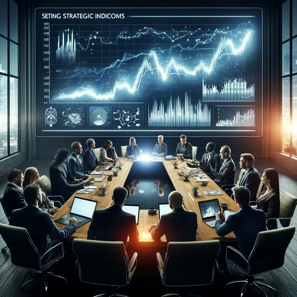 Group of professionals at conference table with graphs on screen.