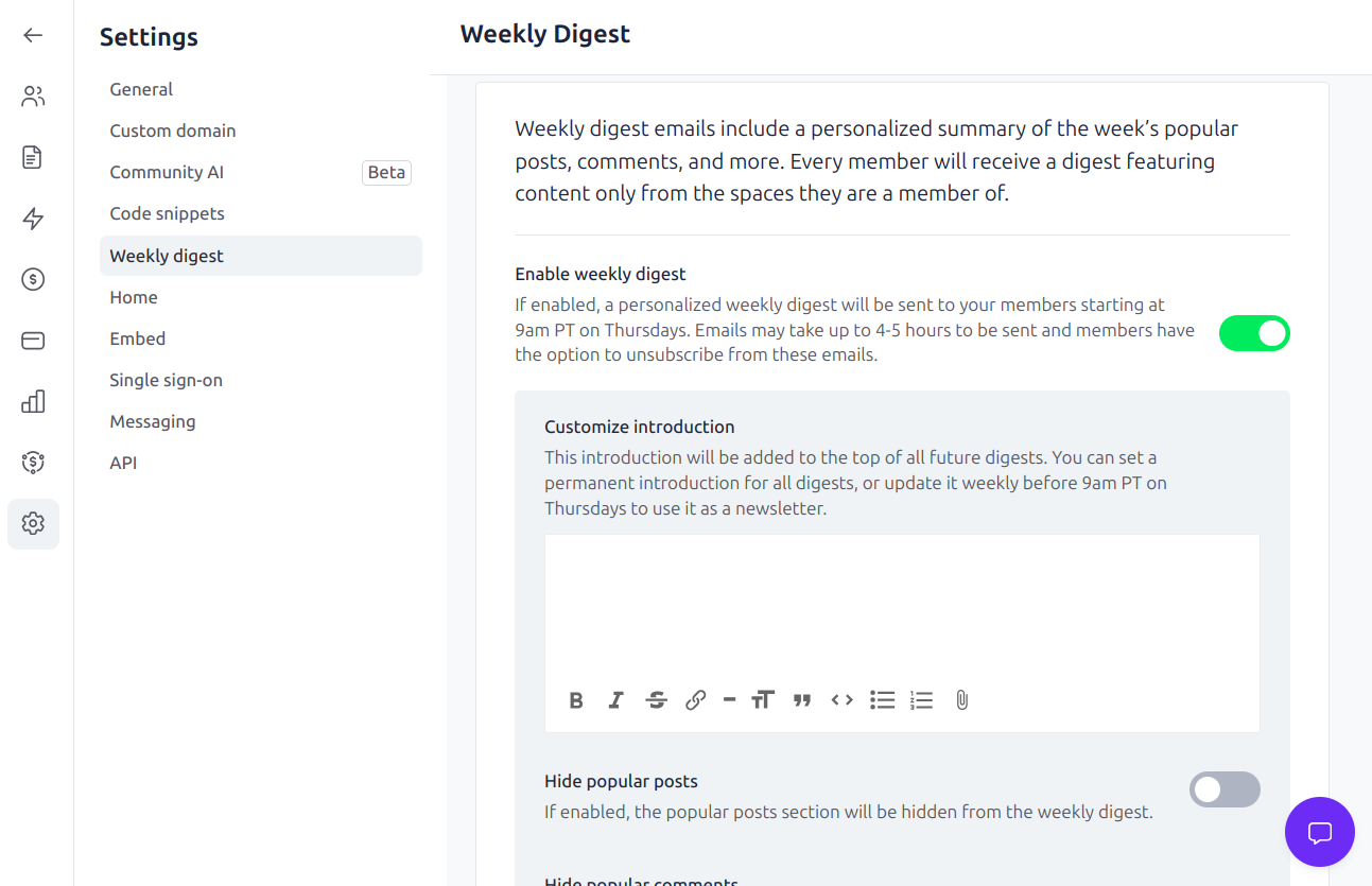 Weekly digest feature in Circle 