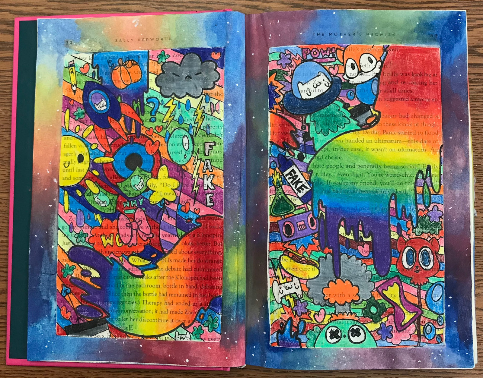 Scrapbook Pages from the Mixed Media Art Family Album Project with rainbows and colorful cartoons this project is by Tiffany Fox of MrsTFox Resources Art Curriculum
