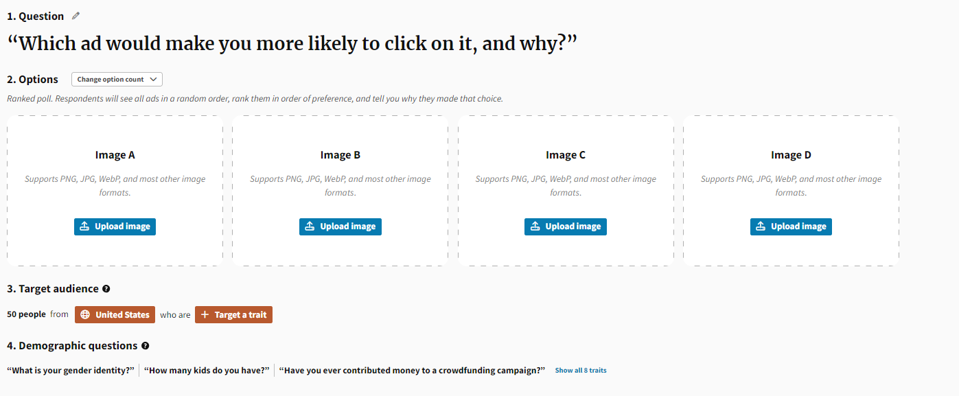 An image of a "Which ad woudl you more likely click and why, with 4 options".