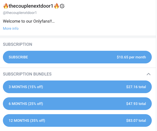 A screenshot of TheCoupleNextDoor1 which offers monthly and yearly subscriptions to their content