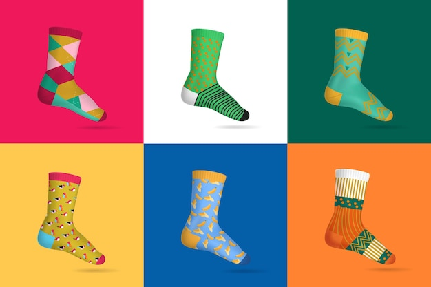 Free vector set of multicolored socks for woman on different square