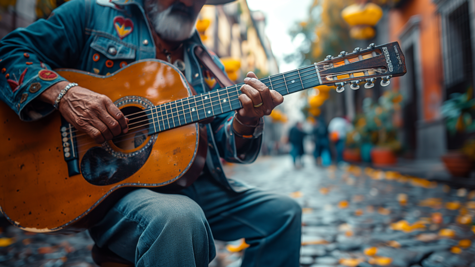 A mariachi musician serenades passersby on a cobblestone street in Mexico City