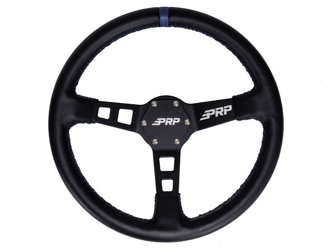 An image of the Can-Am Deep Dish Steering Wheel, covered with leather, uninstalled and against a blank background.