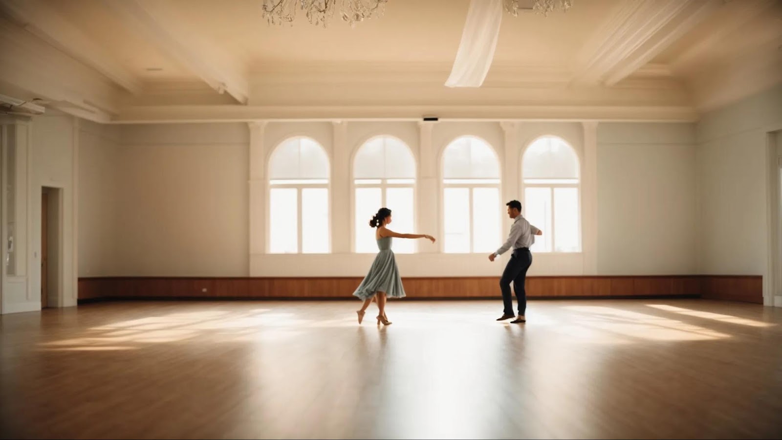 a couple practices their dance in an empty hall, closely embracing as they gracefully move across the floor illuminated by soft, ambient light.