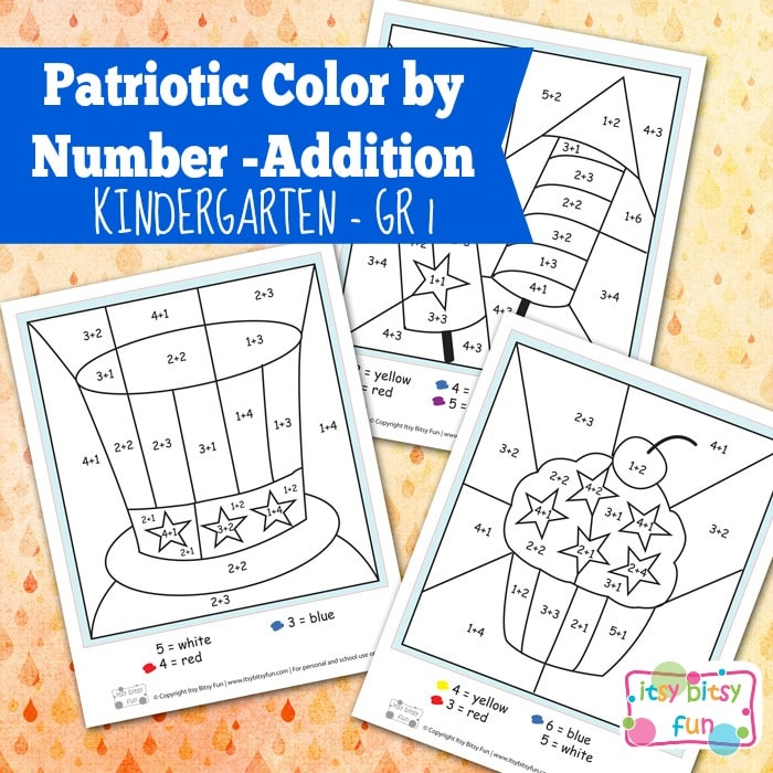 4th of July Color By Number Addition Kindergarten Worksheets