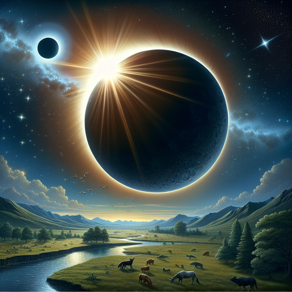 A captivating celestial event where a solar eclipse illuminates a serene landscape, casting an ethereal glow on the mountains, river, and grazing horses, evoking a sense of wonder and tranquility. 🌞🌑🌄 