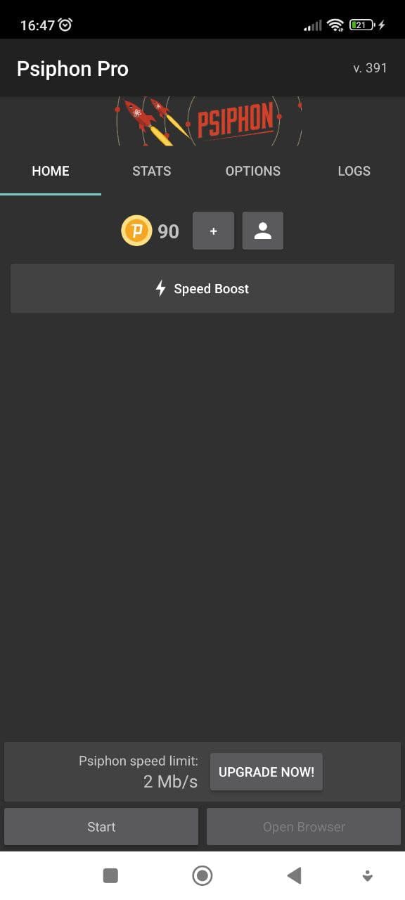 The main screen ov Psiphon VPN for Android