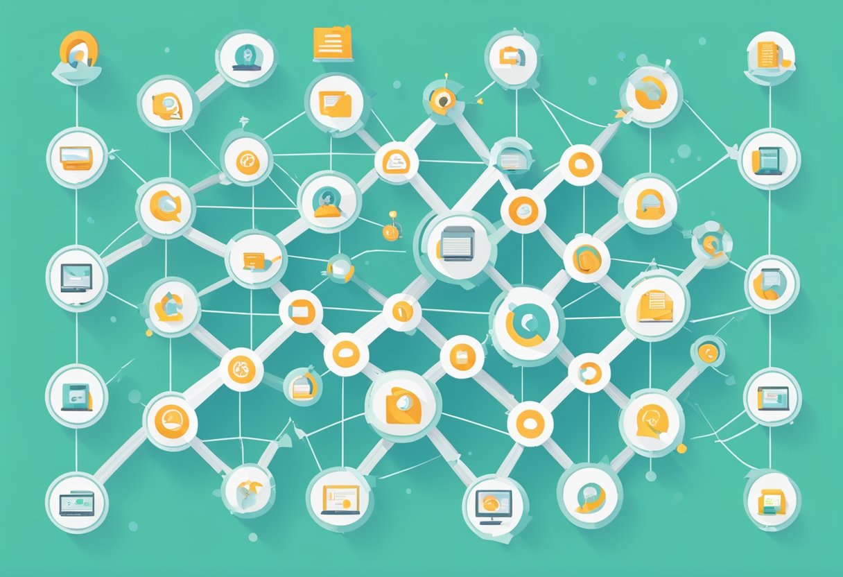 A network of interconnected websites, each represented by a unique symbol, with arrows linking them together to illustrate the importance of link building in SaaS SEO