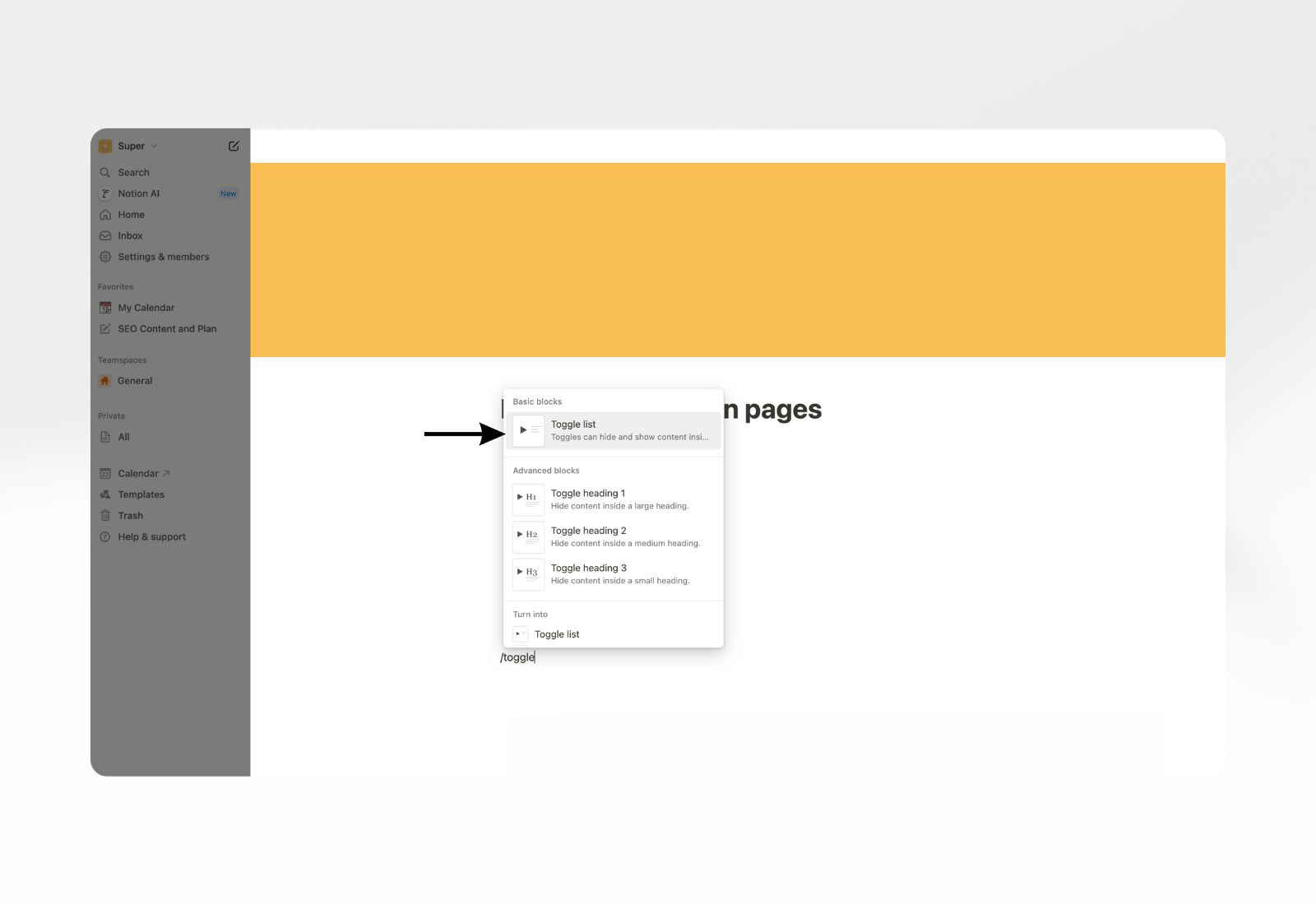 create toggle block to contain pages to be hidden