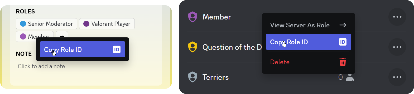 Examples of the "Copy Role ID" button in the context menus of Discord roles in a Discord profile and the Roles section of the server settings of a Discord server