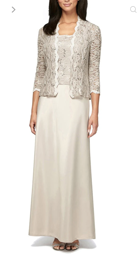 Lace & Satin Gown with Sheer 3/4 Sleeve Scalloped Lace Jacket