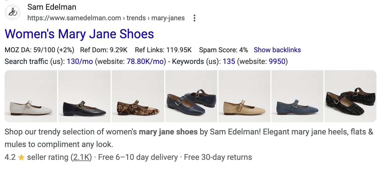 technical seo for ecommerce: A product page for Mary Jane flats from Sam Edelman.