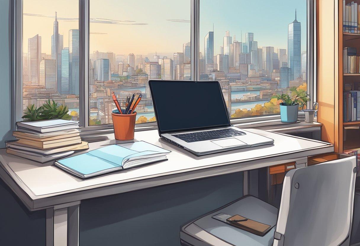 A computer on a desk with a city view

Description automatically generated