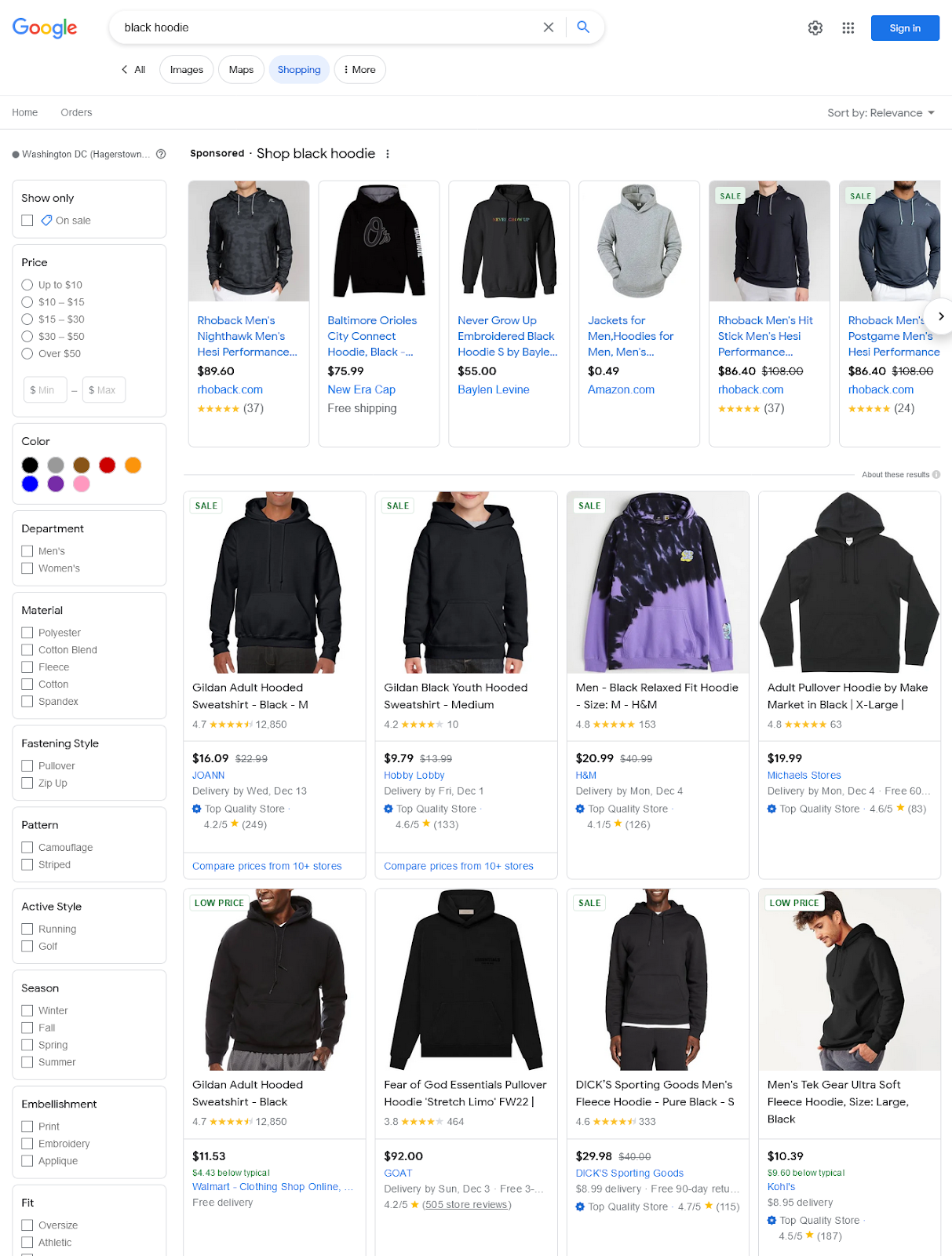 Google Shopping results