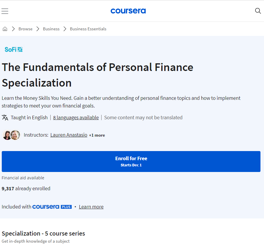 The Fundamentals of Personal Finance by Coursera