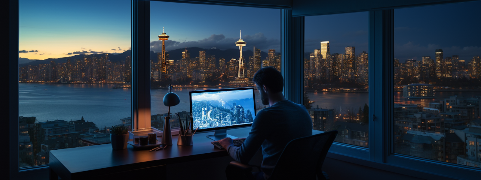 a person sits at a desk with a laptop, surrounded by vancouver cityscape on a computer screen, while a team of seo specialists work together in the background.