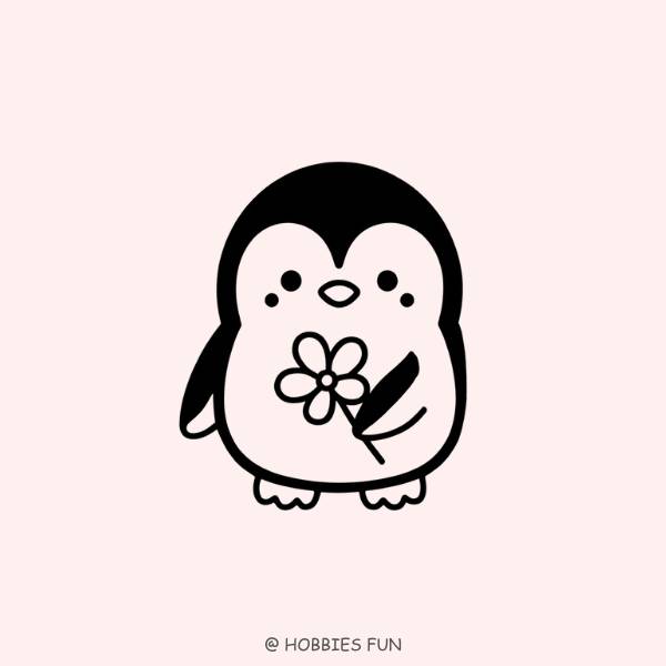 Easy penguin drawing cute, Penguin with a Flower