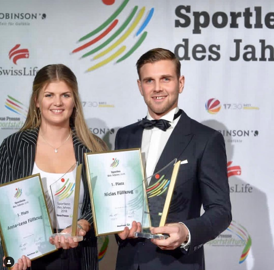 Niclas Füllkrug and his sister Anna-Lena Füllkrug pictured after being awarded in 2019
