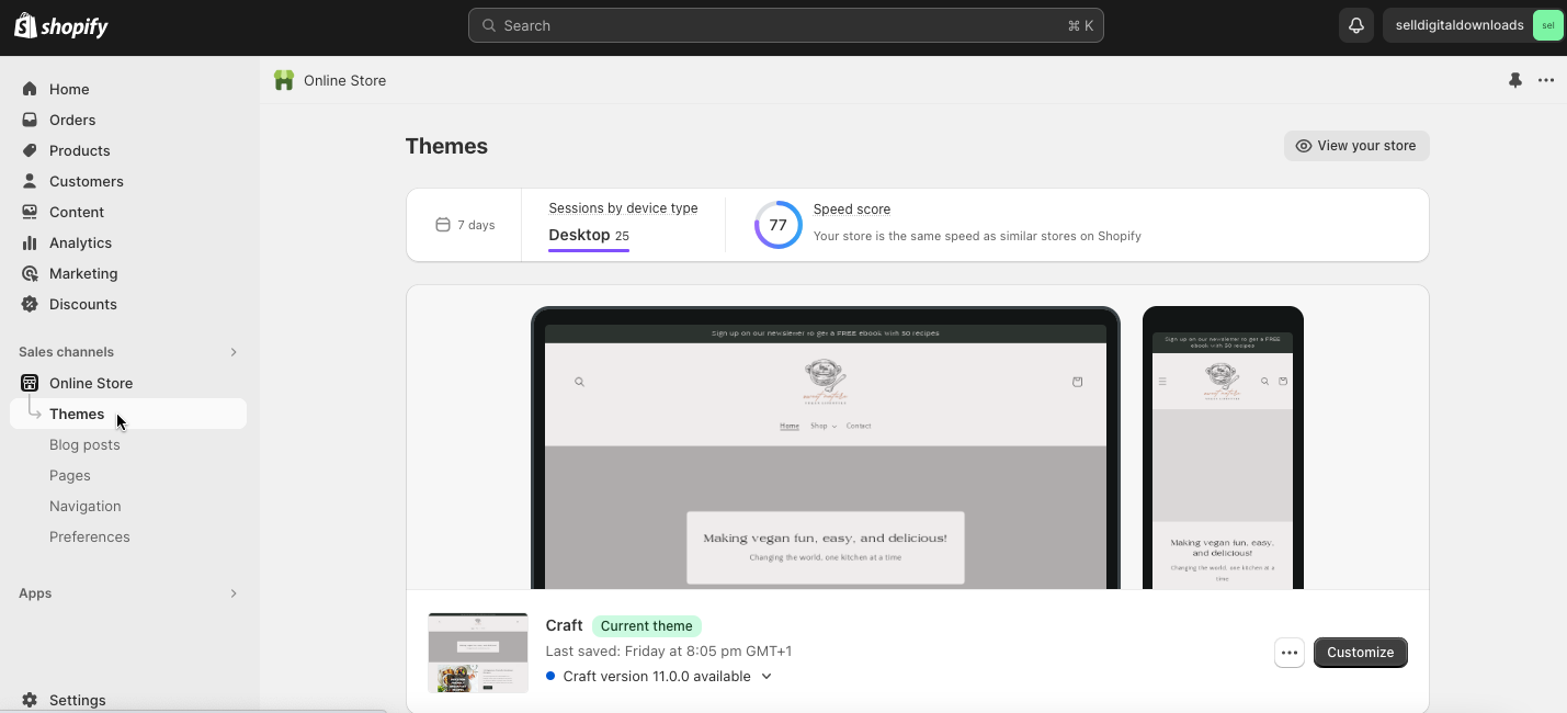 A screenshot of the Themes tab on Shopify