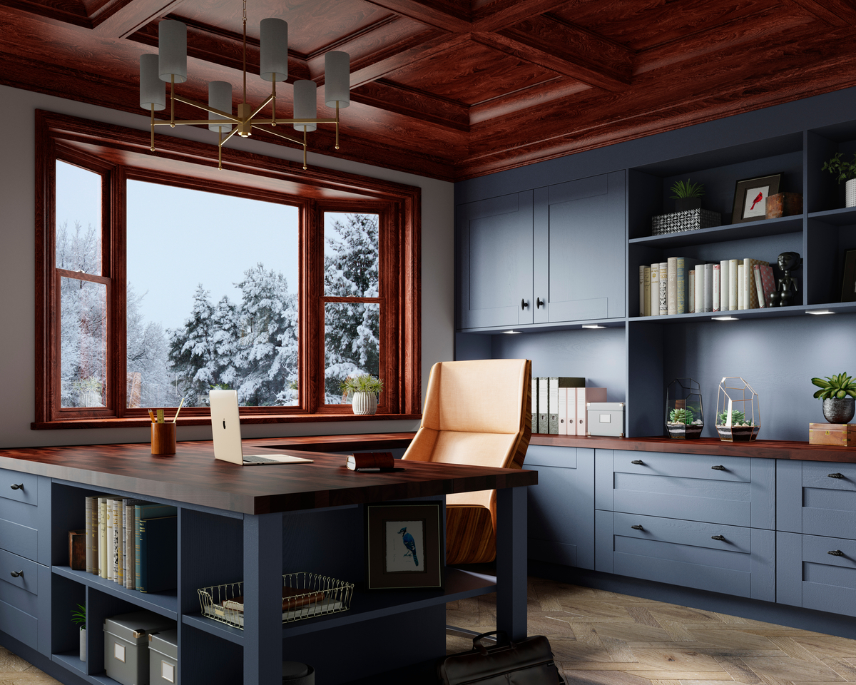 Cozy office with bay & bow windows  and winter views