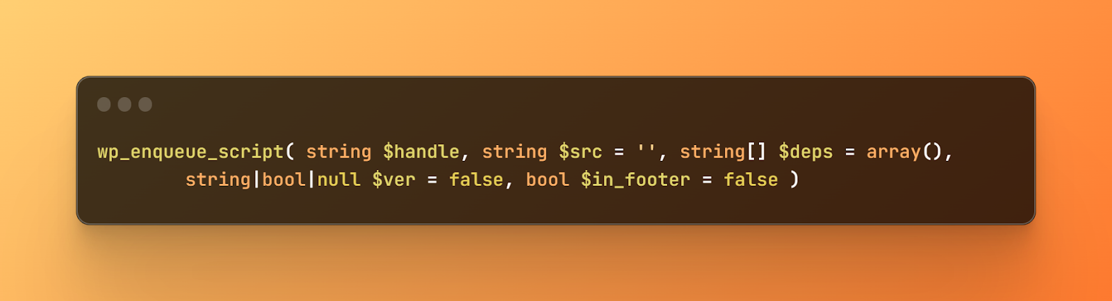 wp_enqueue_script code,wp_enqueue_script( string $handle, string $src = ‘’, string[] $deps = array(), string|bool|null $ver = false, bool $in_footer = false )