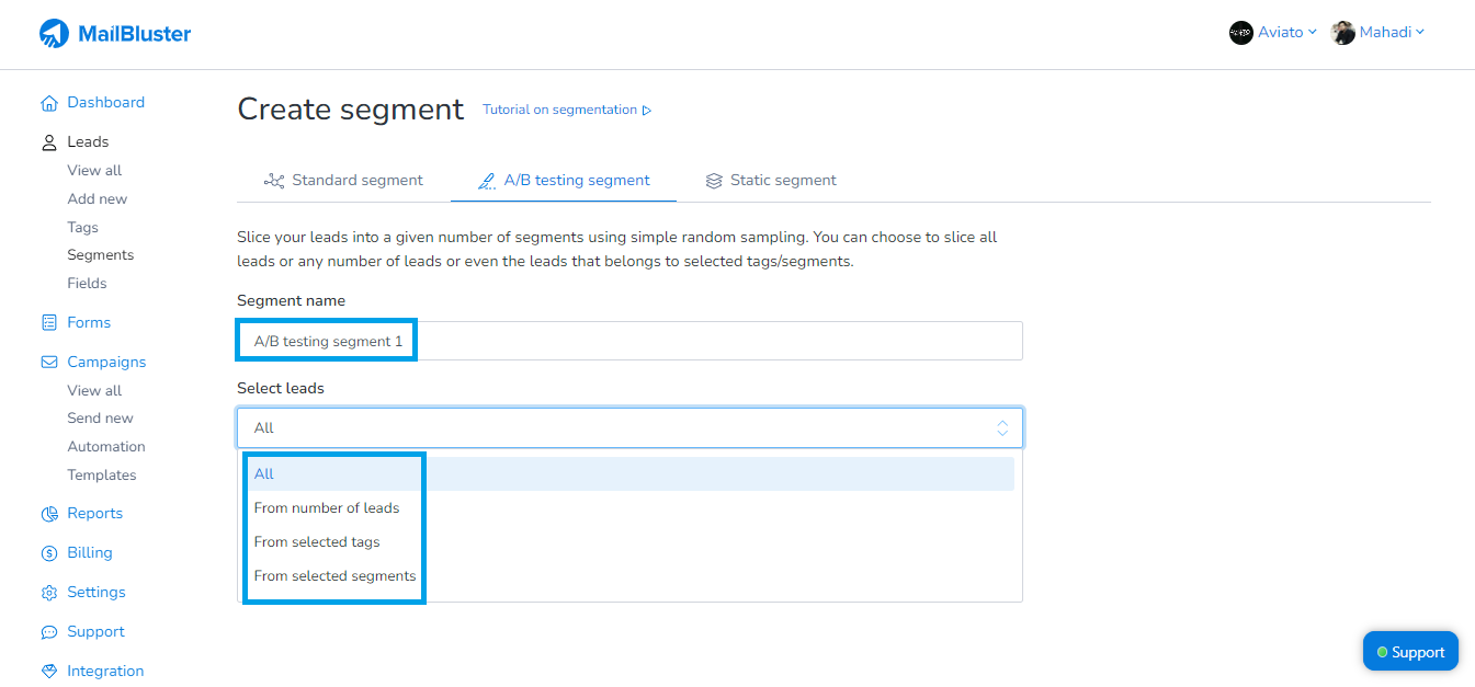 Select Leads options in A/B testing on MailBluster 