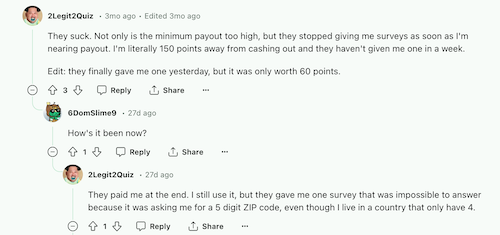 A YouGov user on Reddit stating that the payout threshold is too high and that they stopped getting surveys when they got close to it. 