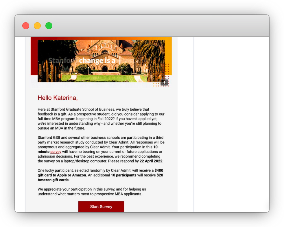 Stanford Graduate School of Business Survey Email Invitation