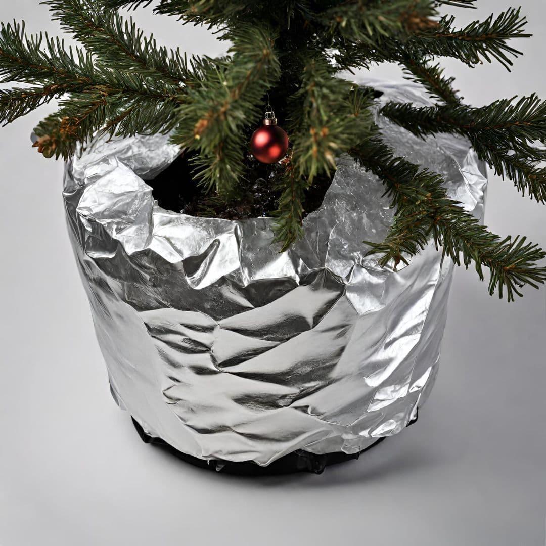 christmas tree base wrapped in aluminum foil to prevent cat from drinking from pot