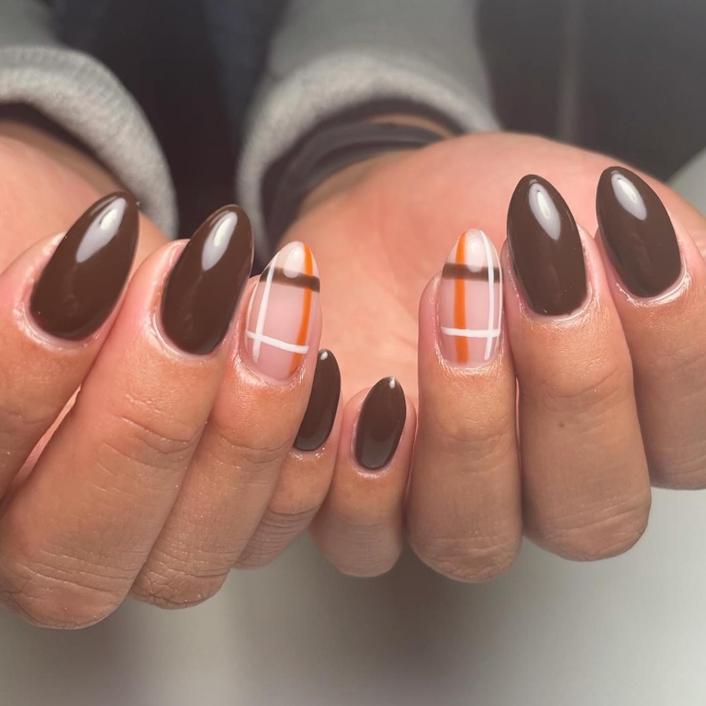 Plaid Accents with Almond Brown Nails