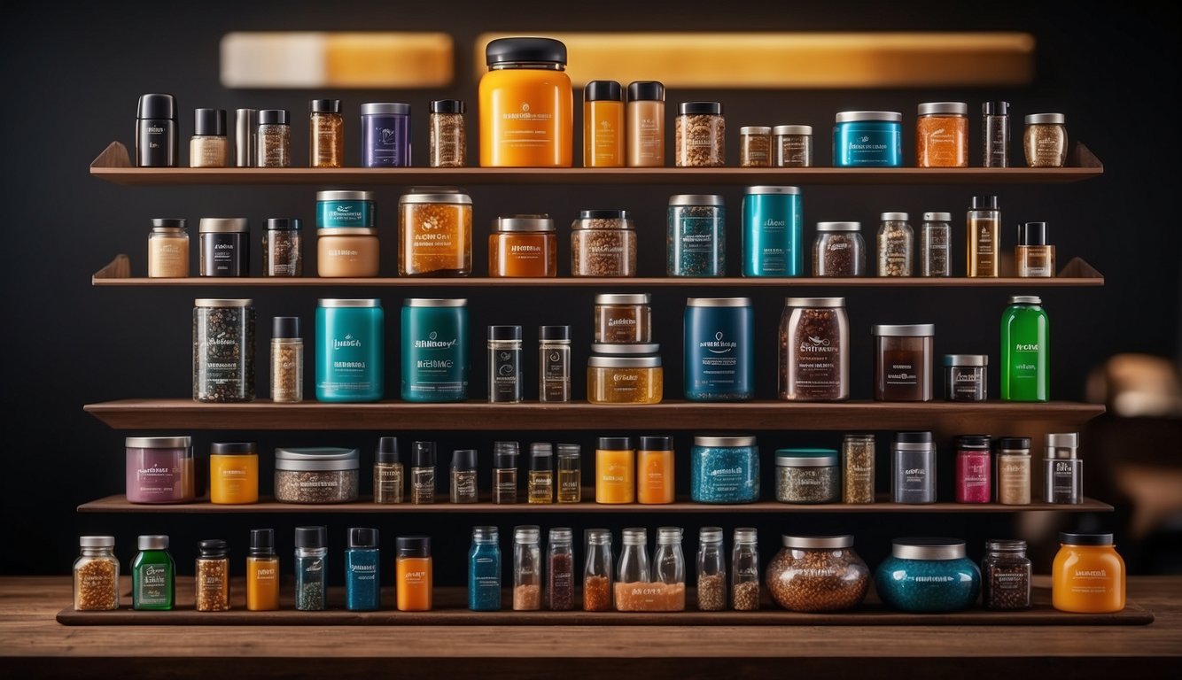 A display of 10 top-selling Amazon products, each representing a different niche, with prominent branding and high-quality packaging