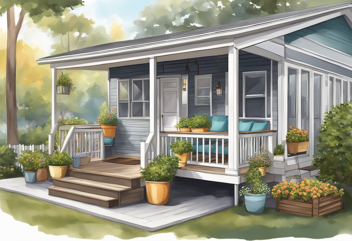 A mobile home porch with a small staircase, a cozy sitting area, potted plants, and a hanging porch swing