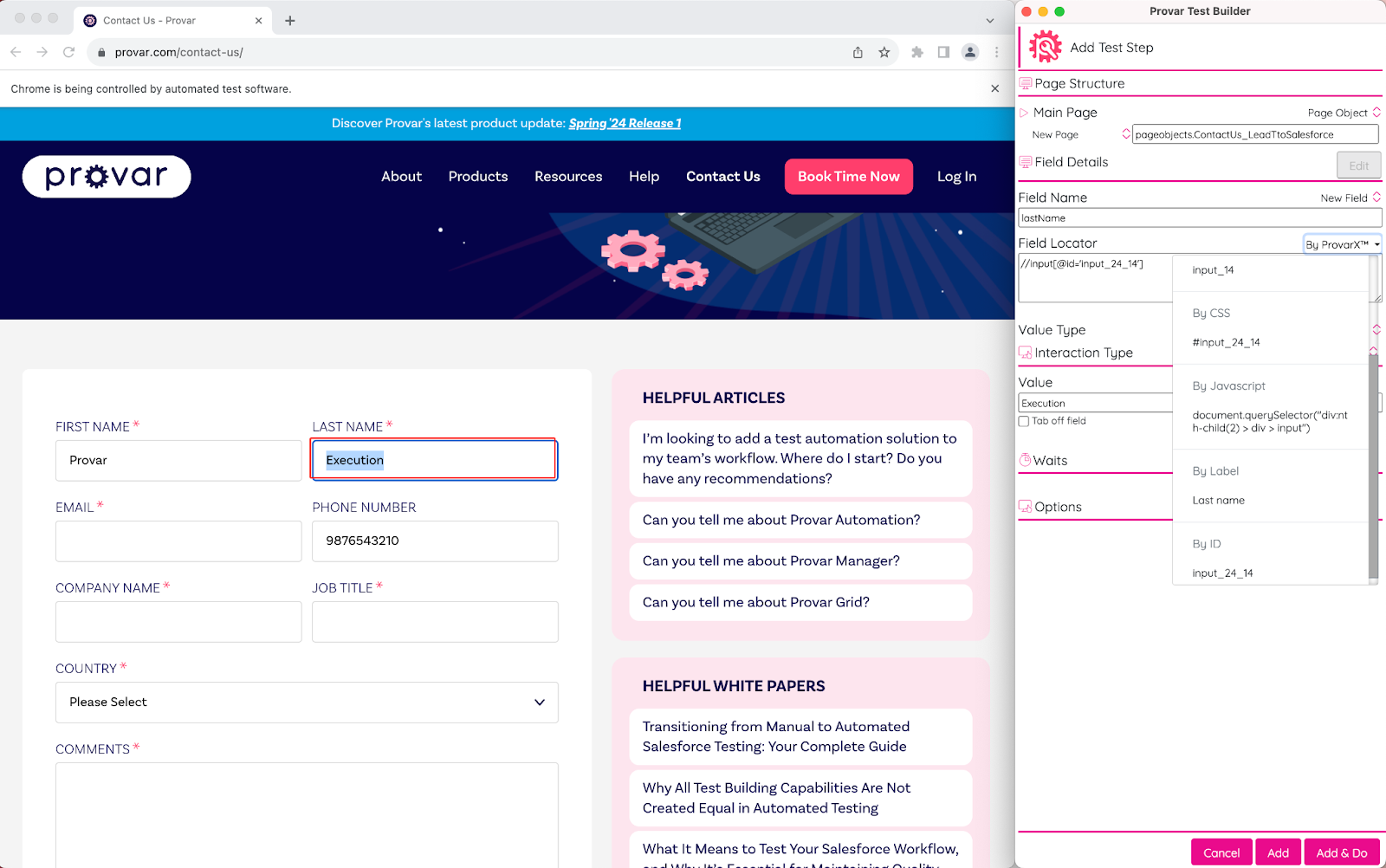 Provar website's 'Contact Us' form overlaid with the Provar Test Builder interface showing field identification for automation.