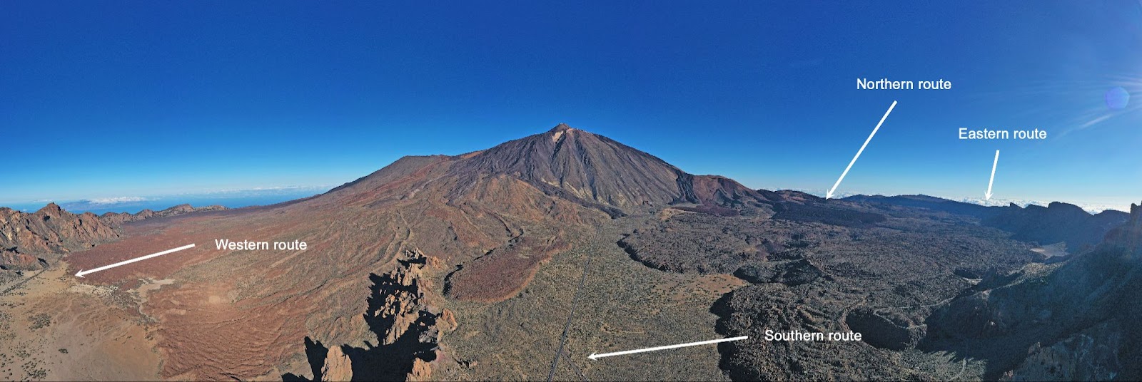 panoramic photo of Mt. Teide with four routes to the visitor center marked