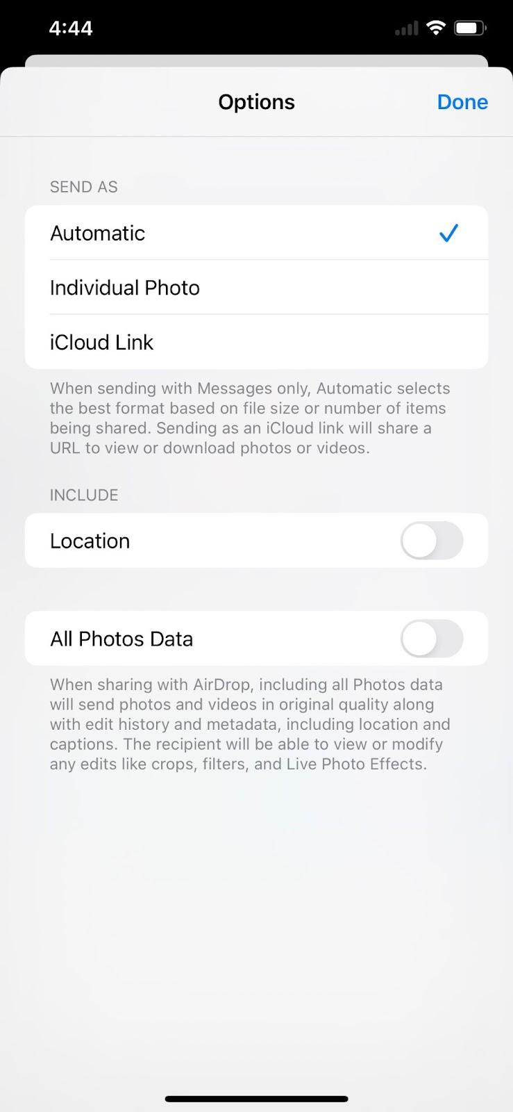 iPhone screenshot to remove geotags from photos
