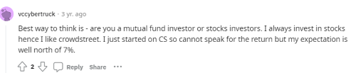 Someone on Reddit shares how they view Fundrise vs CrowdStreet like investing in stocks and mutual funds. 