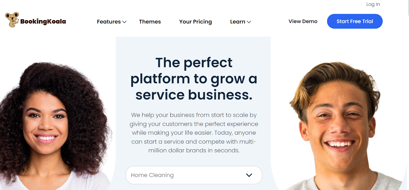 One lady and one guy smiling in portrait mode with tagline, “perfect platform to grow your business”