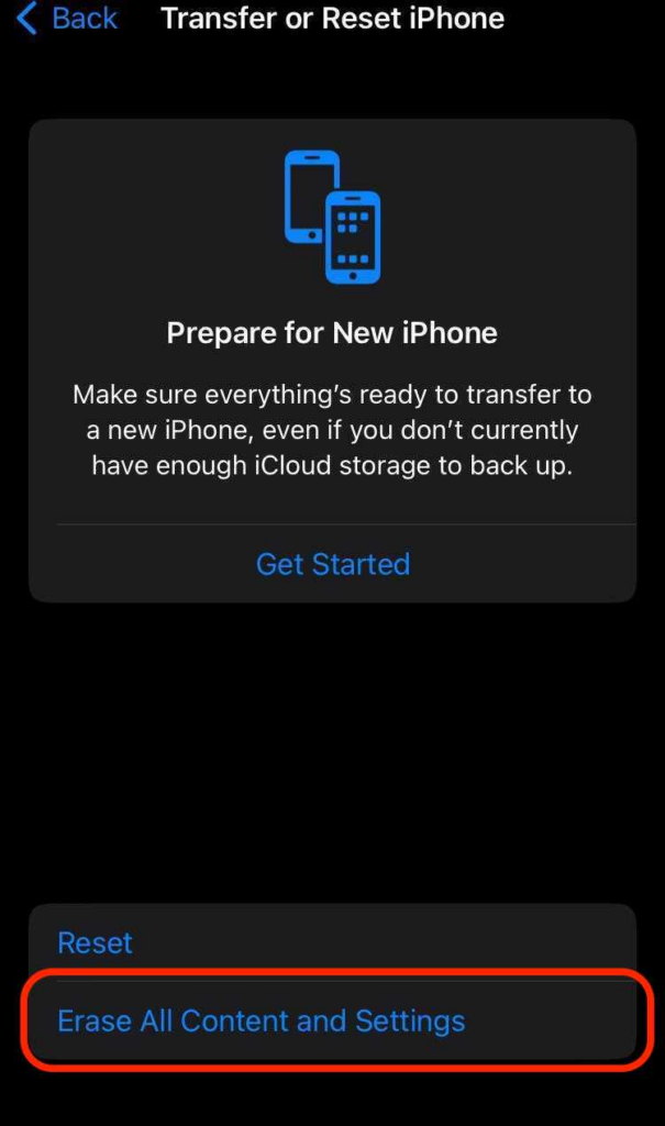 captura de pantalla de los ajustes de restablecimiento del iPhone