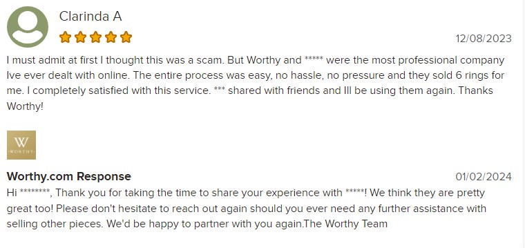 A screenshot on BBB of a positive Worthy.com review and a positive response from Worthy.com