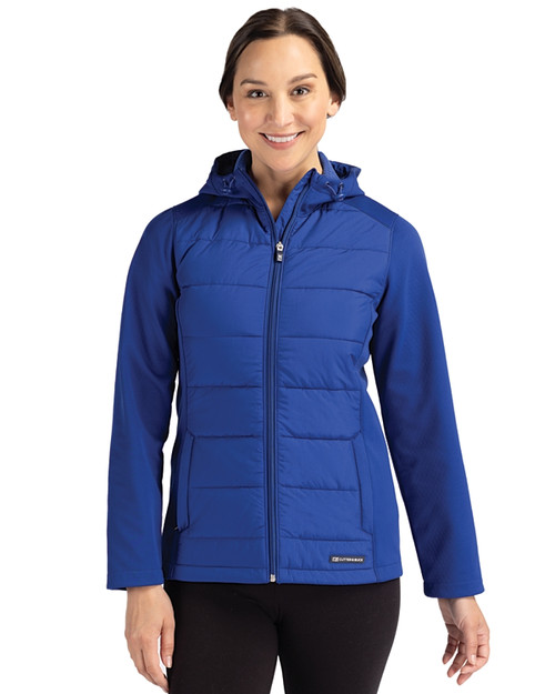 Woman wearing Cutter & Buck Evoke Hybrid Eco Softshell Recycled Full Zip Mens Hooded Jacket in Tour Blue