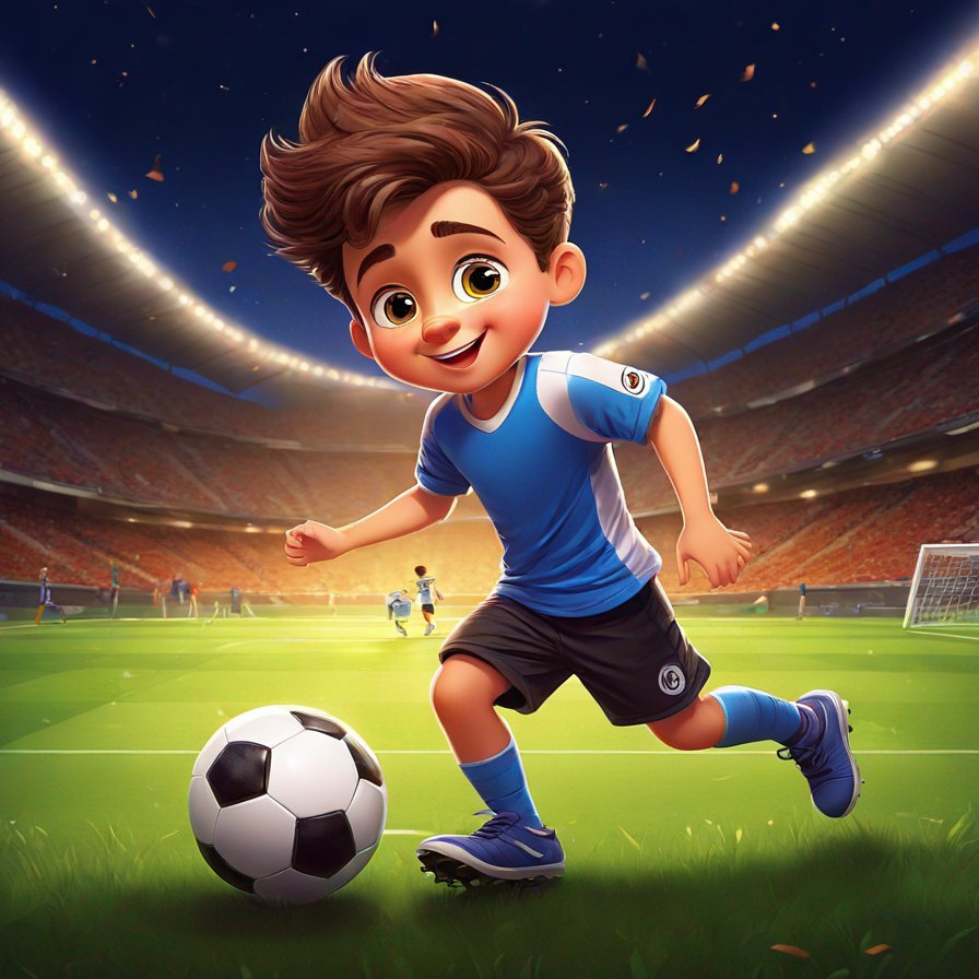 young boy, brown hair, playing soccer, field