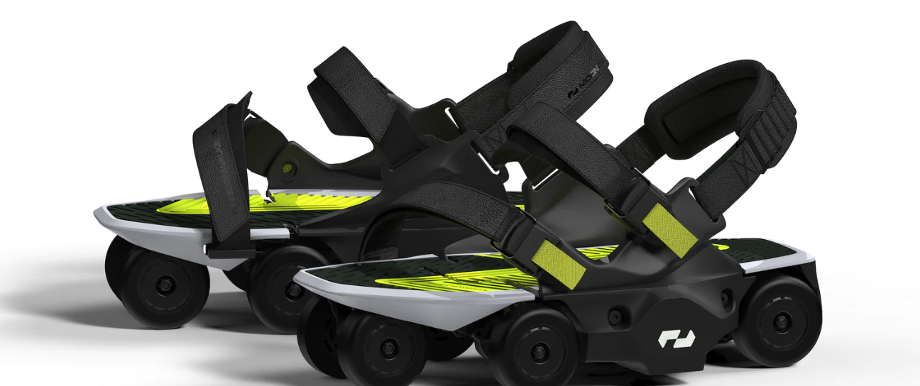 A group of black and yellow roller skates

Description automatically generated
