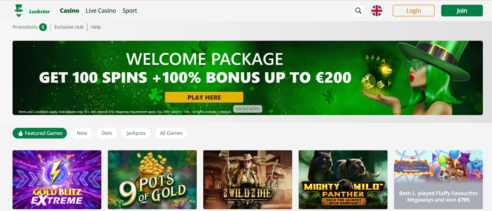 Luckster Casino homepage