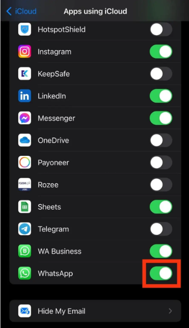 Click on iCloud and ensure that WhatsApp backup is enabled