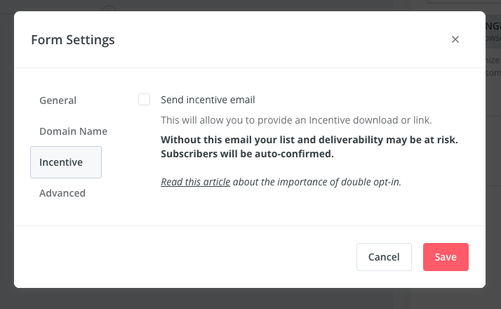 Form settings screenshot under Settings > Incentive Email to make sure your form is set to auto confirm for email marketing for bloggers