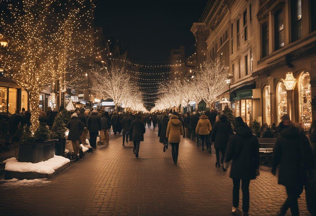 People walking down a street with lights

Description automatically generated
