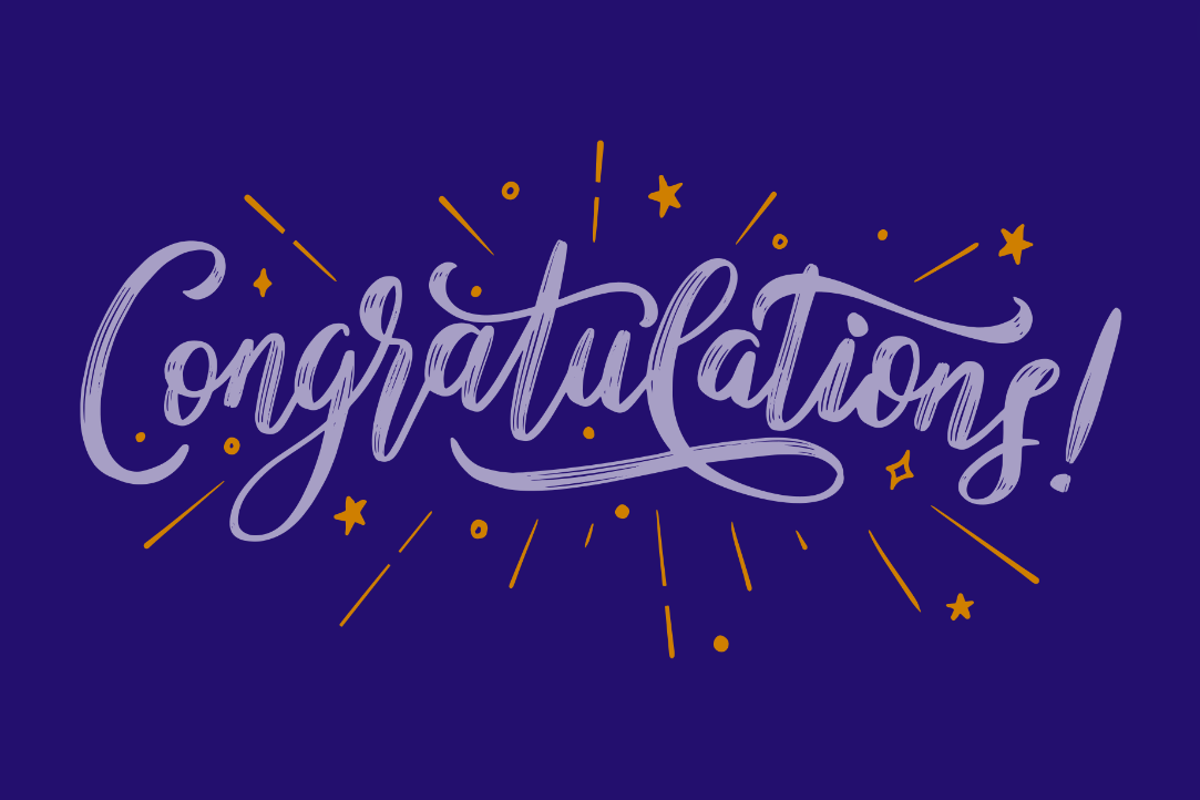 Congratulation graphic in light purple on a dark purple background 