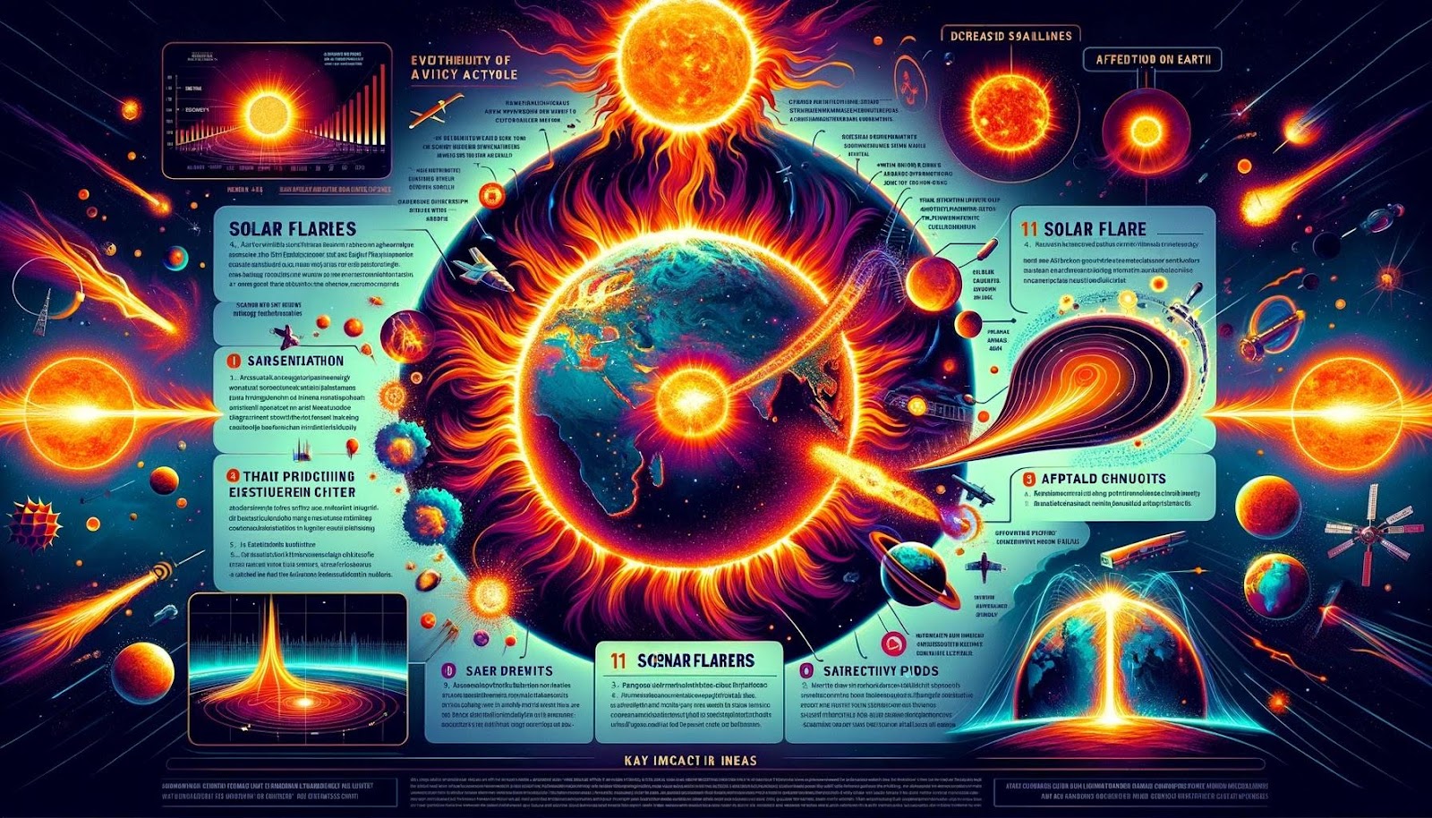 Artistic representation of solar flare impacts on Earth, with the Sun emitting a large flare towards a shielded Earth, surrounded by icons of affected technologies, a cycle graph of solar activity, and explanatory captions on mitigation.