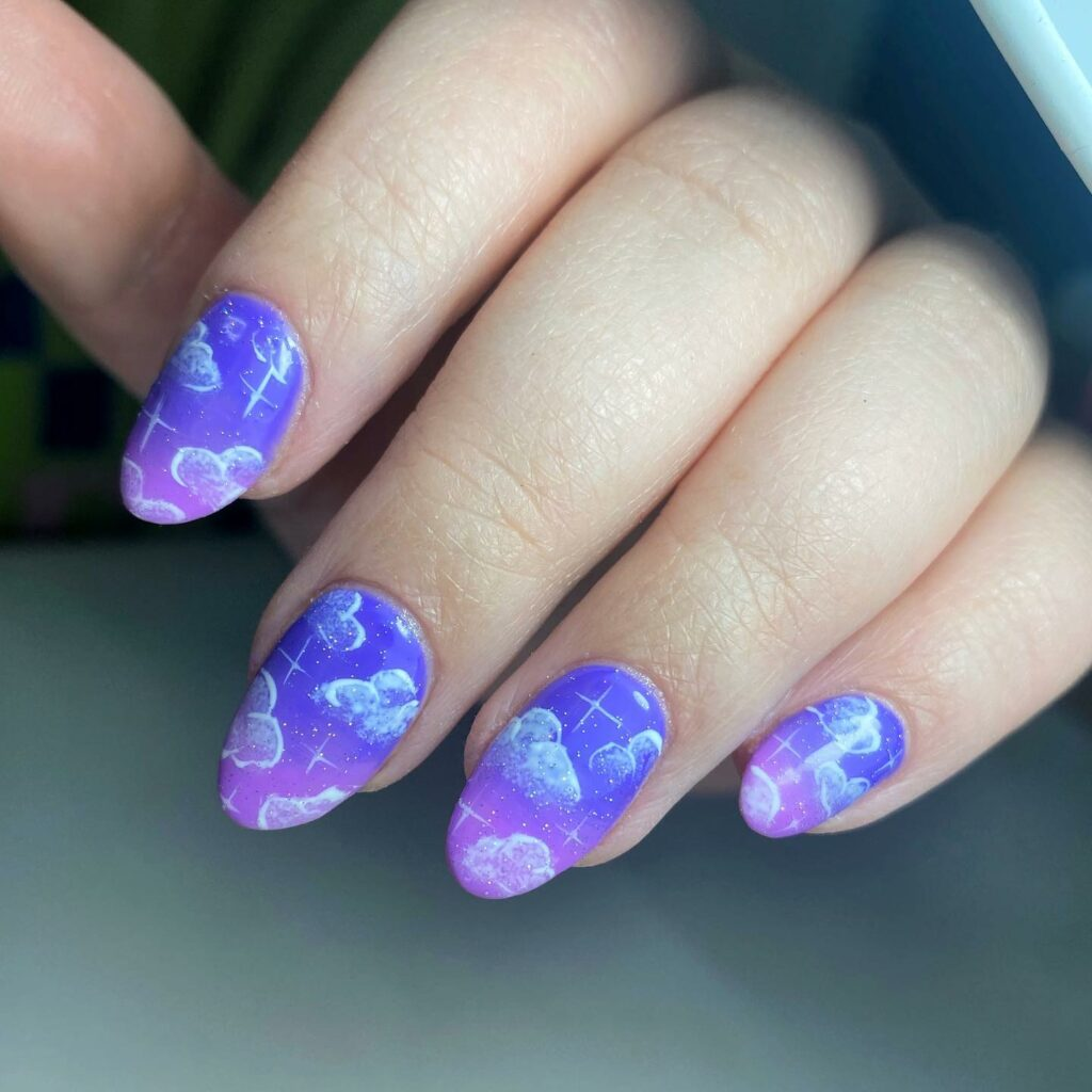 Purple Ombre Nails with Clouds
